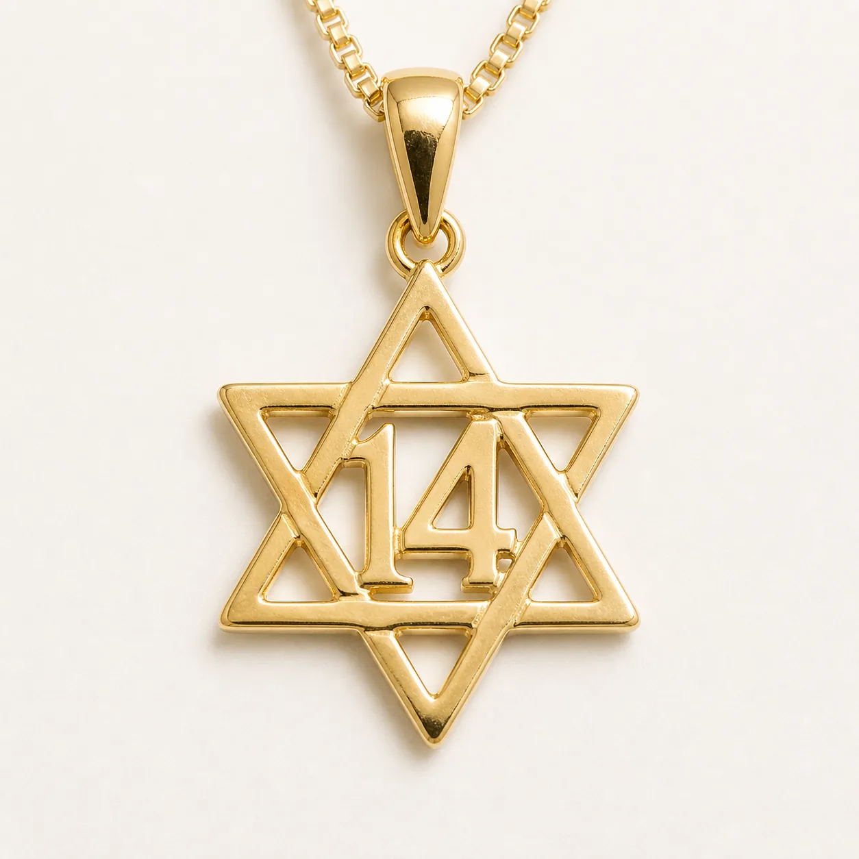 תליון מגן 14 עם המספר 14 במרכז מגן דוד, בזהב 14K
